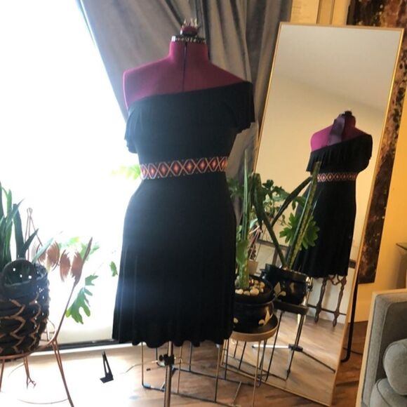 Boho strapless off shoulder southwest beaded ruffle embellishment dress - Picture 1 of 7